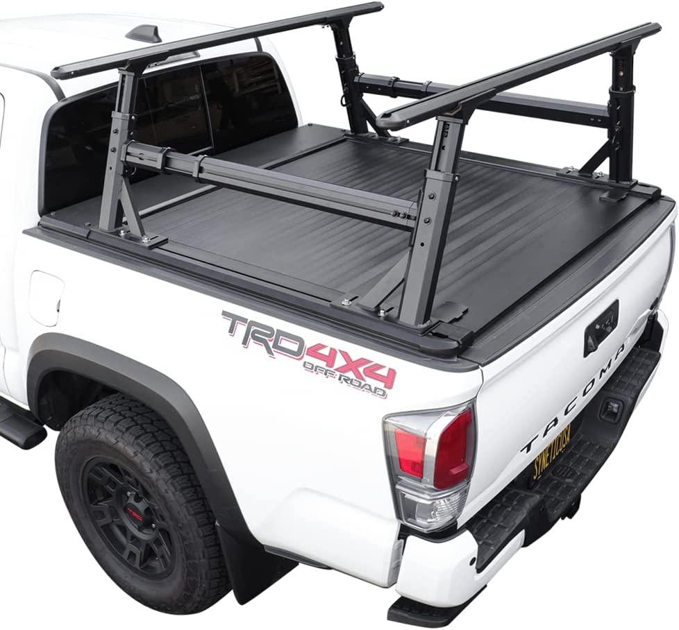 Tonneau cover and rack system installed on pickup truck bed